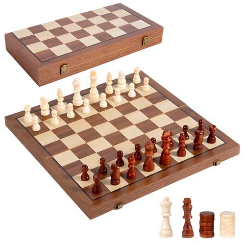 Schachspiel Holz, Faltbares Magnetisches Schachspiel, 2-In-1 Dame und Schach Set, 38.8x19cm Schachbrett Holz Hochwertig, Tragbares Reiseschach für Kinder Erwachsene Party Familie Aktivitäten Reisen von WDKXCN