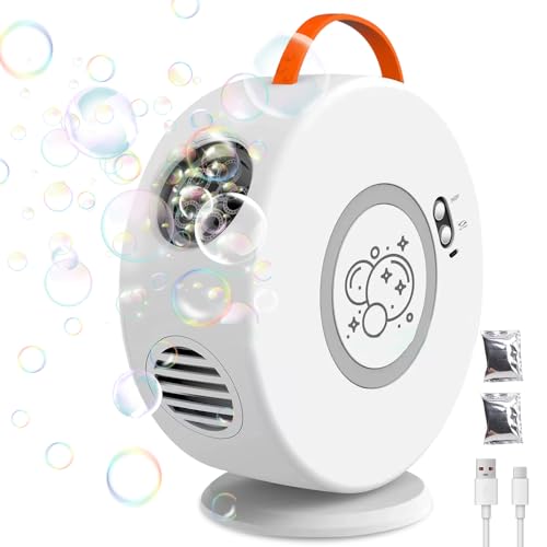 Seifenblasenmaschine Kinder, Wiederaufladbare Seifenblasen Maschine mit Led-Lichtern, Automatisch Rotierend 90°/360° Tragbare Bubble Machine mit 500 ML für Outdoor&Party(Weiß) von WDKXCN