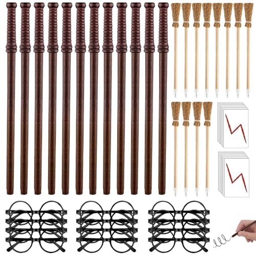 WDKXCN 48 Stück Zauberstab und Hexenbesen Bleistifte Set, Zauberbesen Bleistifte, Zauberer Brille, Blitz Tattoos, Hexenbesen Holzbleistifte für Magischem Thema Cosplay Halloween Deko Hexen Zubehör von WDKXCN