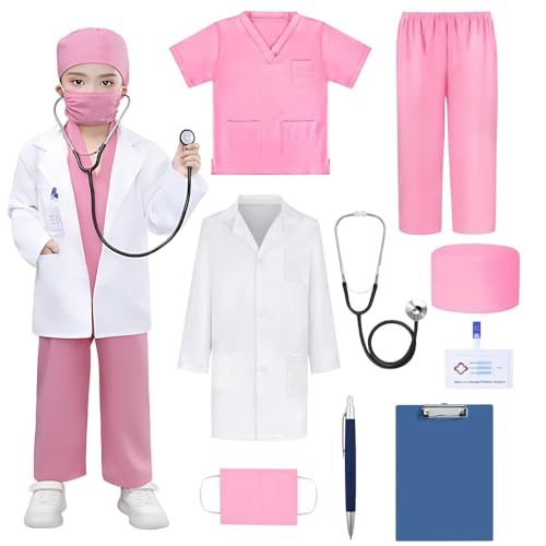 WDKXCN Arztkostüm für Kinder, 9-teiliges Kinder-Krankenschwester-Kostüm-Set mit Peeling-Kostümen, Gesichtsmaske, Stethoskop, Arbeitsabzeichen, Tierarzt-Kostüme, Kinder-Rollenspiel-Halloween-Kostüme von WDKXCN