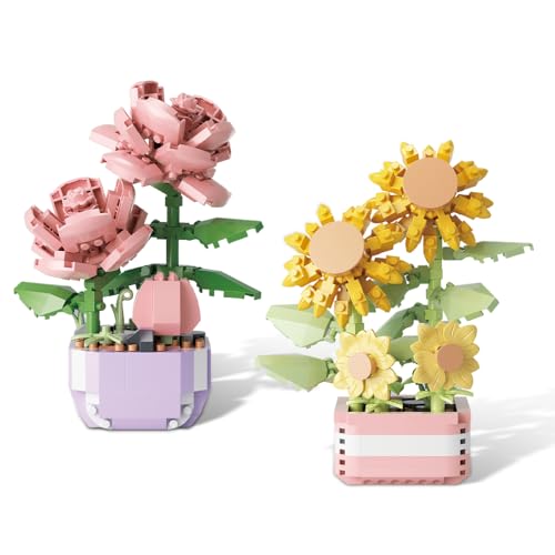 WDKXCN Bausteine Blumen, 2 Stück Klemmbausteine Blumen Künstliche, Mini Blumen Sukkulenten Bausteine, für Home Dekor Botanical Collection Geschenk Innendekoration(Rose+Sonnenblume) von WDKXCN
