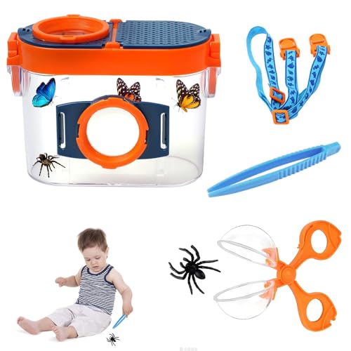 WDKXCN Becherlupen für Kinder, Forscherset für Kinder, Insekten Beobachtungsbox mit Riemen Pinzette Insektenklammern, 8X Insektenglas mit Lupe Kind, für Outdoor Natur Erkundung von WDKXCN