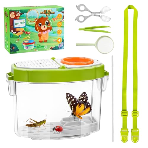WDKXCN Becherlupen für Kinder, Forscherset für Kinder, Insekten Beobachtungsbox mit Riemen Pinzette Insektenklammern, Insektenglas mit Lupe Kinder, für Outdoor Natur Erkundung von WDKXCN