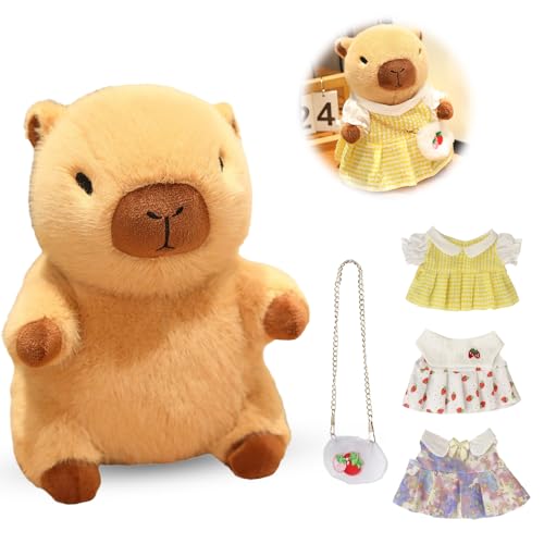 WDKXCN Capybara PlüSchtier, 23cm Capybara Kuscheltier, Capybara Plush Mit 3 Kleider Und 1taschen, Wasserschwein Kuscheltier Capybara, PuppenzubehöR, Zum Verkleiden Von PlüSchtier Spielzeug von WDKXCN