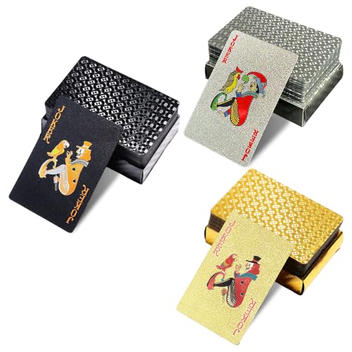 WDKXCN Deck of Cards, 3 Packs Foil Plastic Poker Cards, Cool Waterproof Playing Card, Magic Deck of Playing Card for Game, Party and Gatherings, Gold, Silver, Black von WDKXCN