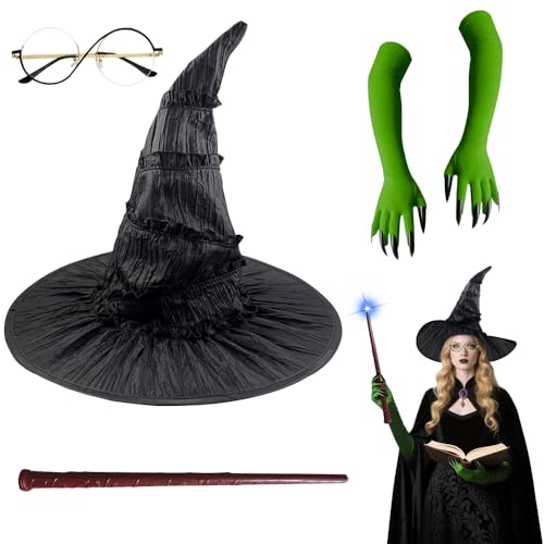 WDKXCN Elphaba Kostüm, 4 Stück Hexenkostüm, mit Zaubererhut, Brille, grünen Handschuhen, leuchtendem Klang, Zauberstab, Elphaba-Hut, Halloween-Kostüme für Halloween, Film, Cosplay, Party WDKXCN Elphaba Kostüm, 4 Stück Hexenkostüm, mit Zaubererhut, Brille, grünen Handschuhen, leuchtendem Klang, Zauberstab, Elphaba-Hut, Halloween-Kostüme für Halloween, Film, Cosplay, Party von WDKXCN