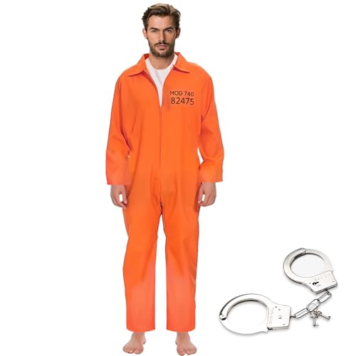 WDKXCN Gefängnis Kostüm Orange, Häftling Kostüm mit Handschellen, Orange Knast KOstüm, Prisoner Overall für Halloween, Cosplay-Party und Maskerade, Geeignet für Männer und Frauen (Länge 160 Cm) von WDKXCN