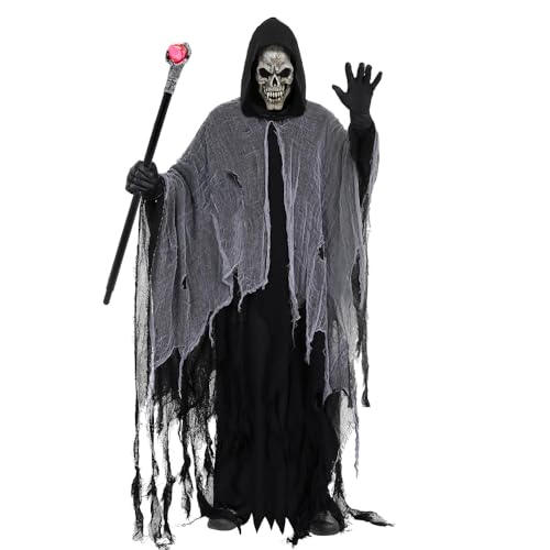 WDKXCN Geister Umhang, Halloween Umhang mit Kapuze, Cape Halloween mit Einem Zepter für Halloween Rollenspiel Karnevalsparty, Geeignet für Männer und Frauen von WDKXCN