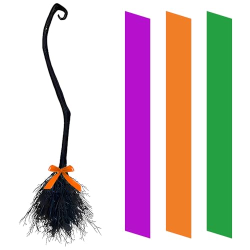 WDKXCN Halloween Hexenbesen, Neue Halloween Hexe fliegender Besenstiel mit 3 Bändern, Hexe Magischer Besen für Erwachsene Kinder, für Kostümparty Halloween Dekoration von WDKXCN