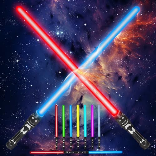 WDKXCN Laserschwert Kinder, 2 Stück Lichtschwert Kinder mit Licht und Sound, RGB 7 Variable Farbe Laser Schwert, 2 in 1 Retractable LED Lightsaber Spielzeug für Cosplay, Samurai Themenparty WDKXCN Laserschwert Kinder, 2 Stück Lichtschwert Kinder mit Licht und Sound, RGB 7 Variable Farbe Laser Schwert, 2 in 1 Retractable LED Lightsaber Spielzeug für Cosplay, Samurai Themenparty von WDKXCN