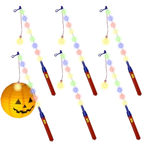 WDKXCN Laternenstab LED, 6 Stück Laternenstab Kinder LED, 50CM Elektrischer Laternenstab mit Haken und 8 Farbige Lampenperlen, Laternenumzüge Zauberstäbe, Laternenstäbe für Kostümpartys, Halloween von WDKXCN
