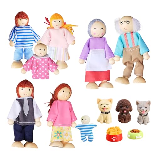 WDKXCN Puppenhaus Puppen, 8 Stück Holzpuppen für Puppenhaus, Hölzerne PuppenhauS Puppen Familie Set mit 3 Hund und Hundenapf, Puppenfamilie aus Holz Zubehör Geschenk von WDKXCN