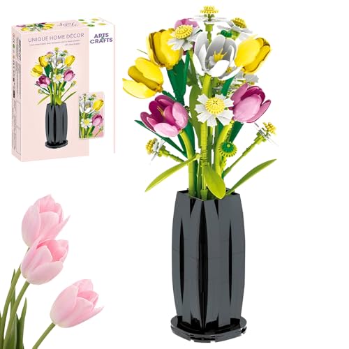 WDKXCN Tulpen Blumenstrauß Bausteine Set, 1250 Teilige Klemmbausteine Blumenstrauß mit Vase, Künstliche Blumen Bausatz, DIY Botanik-Kollektion für Frauen Mädchen, für Home Dekor Innendekoration von WDKXCN