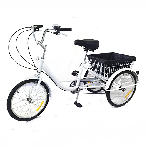 Dreirad für Erwachsene, 20 Zoll 3-Rad-Dreirad für Erwachsene Dreirad 3 Räder Trike mit Korb 8-Gang Bike für Erholung, Einkaufen, Picknicks (Weiß) von WDRENTOOL