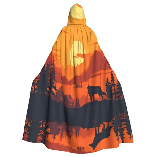 Halloween-Umhang mit Kapuze, Motiv: Wolf im Wald, Volldruck, Polyester, Kostümumhang für Cosplay-Partys, Maskeraden, Comic-Cons, leicht, bequem, kein Juckreiz, Stoff mit Bindeverschluss von WDXQHY