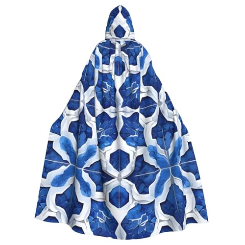 WDXQHY Blauer Halloween-Umhang mit Mosaik-Blumen, für Erwachsene, mit Kapuze, bequemer, elastischer Party-Umhang, perfekt für Kostüme, Cosplay, Halloween-Partys, Kapuzenumhang von WDXQHY