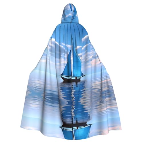 WDXQHY Blauer Segelboot-Umhang mit Kapuze, Volldruck, Polyester, Kostüm, Umhang für Cosplay-Partys, Maskeraden, Comic-Cons, leicht, bequem, kein Juckreiz, Stoff mit Bindeverschluss von WDXQHY