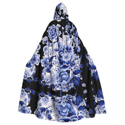 WDXQHY Blauer und weißer Porzellan-Umhang mit Kapuze, Volldruck, Polyester, Kostüm-Umhang für Cosplay-Partys, Maskeraden, Comic-Cons, leicht, bequem, kein Juckreiz, Stoff mit Bindeverschluss von WDXQHY