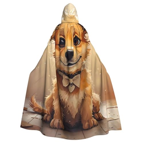 WDXQHY Brauner Welpe mit Schleife, Halloween-Umhang für Erwachsene, mit Kapuze, bequemer, elastischer Party-Umhang, perfekt für Kostüme, Cosplay, Halloween-Partys, Kapuzenumhang von WDXQHY