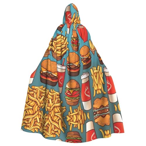 WDXQHY Burger und Pommes Frites Halloween-Kapuzenumhang, Volldruck, Polyester, Kostüm-Umhang für Cosplay-Partys, Maskeraden, Comic-Cons, leicht, bequem, kein Juckreiz, Stoff mit Bindeverschluss von WDXQHY