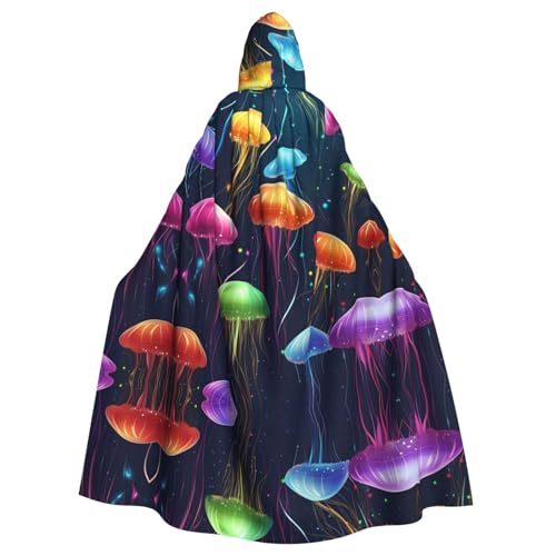 WDXQHY Farbenfroher Cartoon-Quallen-Umhang mit Kapuze, Volldruck, Polyester, Kostüm, Umhang für Cosplay-Partys, Maskeraden, Comic-Cons, leicht, bequem, kein Juckreiz, Stoff mit Bindeverschluss von WDXQHY