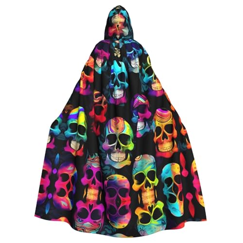 WDXQHY Farbiger Totenkopf-Umhang mit Kapuze, Volldruck, Polyester, Kostüm-Umhang für Cosplay-Partys, Maskeraden, Comic-Cons, leicht, bequem, kein Juckreiz, Stoff mit Bindeverschluss von WDXQHY