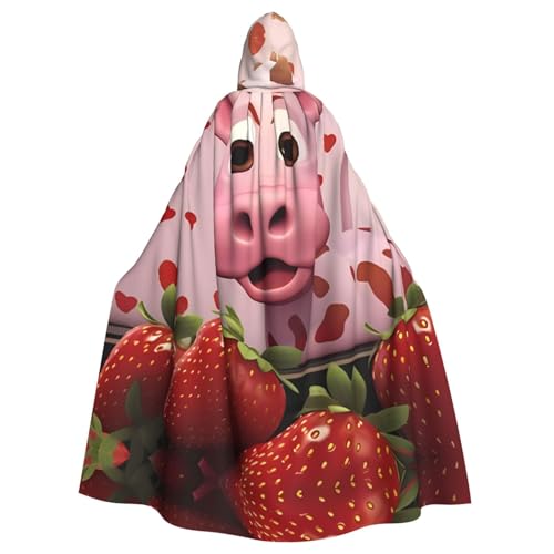 WDXQHY Halloween-Kapuzenumhang mit rosa Kuh mit Erdbeeren, Volldruck, Polyester, Kostüm-Umhang für Cosplay-Partys, Maskeraden, Comic-Cons, leicht, bequem, kein Juckreiz, Stoff mit Bindeverschluss von WDXQHY