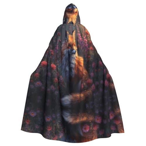 WDXQHY Kapuzenumhang aus Polyester, bedruckt mit kleinem Fuchs in den Blumen, für Cosplay, Maskenpartys, Comics, leichter Stoff, bequem, nicht juckend, mit Bindeverschluss von WDXQHY