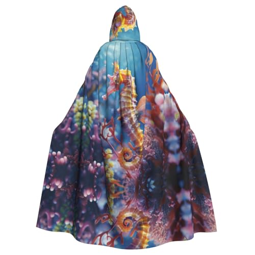 WDXQHY Ocean Seepferdchen-Umhang mit Kapuze, Volldruck, Polyester, Kostüm, Umhang für Cosplay-Partys, Maskeraden, Comic-Cons, leicht, bequem, kein Juckreiz, Stoff mit Bindeverschluss von WDXQHY