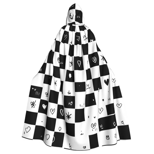 WDXQHY Schachbrett und schwarze Symbole, Halloween-Umhang für Erwachsene, mit Kapuze, bequemer, elastischer Party-Umhang, perfekt für Kostüme, Cosplay, Halloween-Partys, Kapuzenumhang von WDXQHY