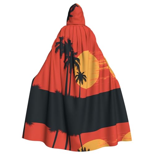WDXQHY Sonnenuntergang Palme Halloween Kapuzenumhang Volldruck Polyester Kostüm Umhang für Cosplay Partys Maskeraden Comic Cons Leichter bequemer Stoff ohne Juckreiz mit Bindeverschluss von WDXQHY