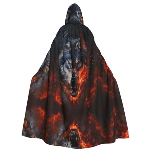 WDXQHY Umhang mit Kapuze Wolf und Feuer aus Polyester, komplett bedruckt, für Cosplay, Maskenpartys, Comics, leichter und bequemer Stoff, nicht juckend, mit Bindeverschluss von WDXQHY