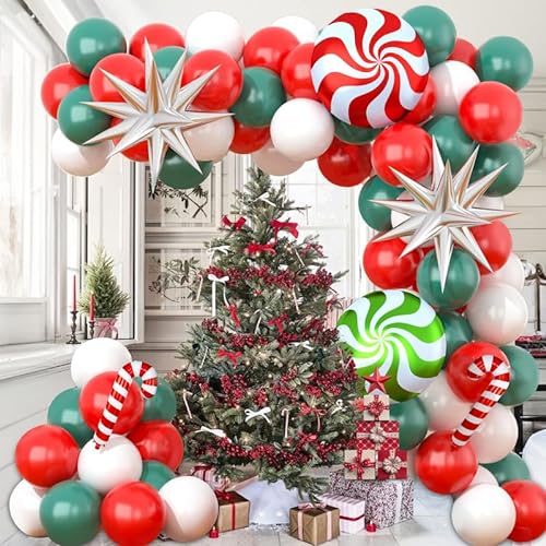 Weihnachten Luftballon Girlande, 98 PCS Rot Weiß Grün Weihnachten Deko Luftballons mit Zuckerstangen Starburst Folienballons für Indoor & Outdoor Weihnachtsdekoration Party von WEALLIN
