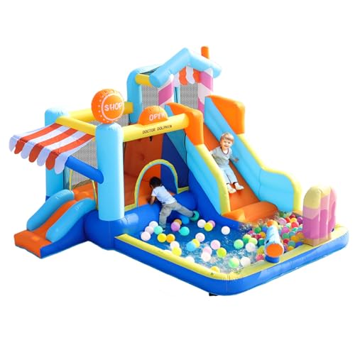 Aufblasbare Hüpfburg mit Wasserrutsche, Spielbecken, Trampolin, Wasserpistole, Kletterwand, Eisdielen-Dach, integriertem Springbrunnen, inklusive 450W-Gebläse, geeignet für drinnen und draußen Aufblasbare Hüpfburg mit Wasserrutsche, Spielbecken, Trampolin, Wasserpistole, Kletterwand, Eisdielen-Dach, integriertem Springbrunnen, inklusive 450W-Gebläse, geeignet für drinnen und draußen von WEALTHKING