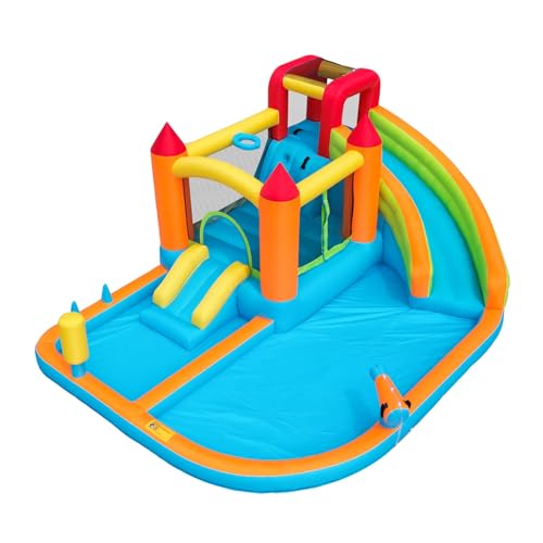 Aufblasbare Hüpfburg mit großer Wasserrutsche, Trampolinbereich, Basketballkorb, Wasserkanone, Doppelpool, Kletterwand, Boxsäule, Ringwurfspiel, geeignet für nasse und trockene Nutzung, mit Gebläse Aufblasbare Hüpfburg mit großer Wasserrutsche, Trampolinbereich, Basketballkorb, Wasserkanone, Doppelpool, Kletterwand, Boxsäule, Ringwurfspiel, geeignet für nasse und trockene Nutzung, mit Gebläse von WEALTHKING