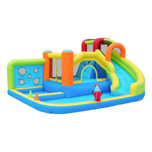 Hüpfburg Wasserrutsche Spielcenter mit Rutsche Trampolin Wurfspiel Kletterwand Basketballkorb Wasserpistolen 2 Wasserbecken Ringwurfspiel für Garten mit 450W Gebläse Aufbewahrungstasche Outdoor Hüpfburg Wasserrutsche Spielcenter mit Rutsche Trampolin Wurfspiel Kletterwand Basketballkorb Wasserpistolen 2 Wasserbecken Ringwurfspiel für Garten mit 450W Gebläse Aufbewahrungstasche Outdoor von WEALTHKING
