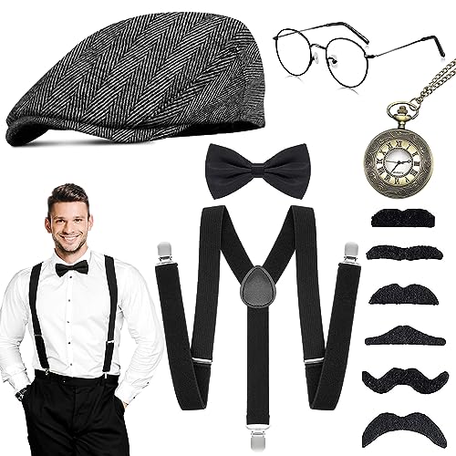 WEARXI 20er Jahre Herren Accessoires, Karneval Kostüme Herren, Peaky Blinders Kostüm, , Mafia Halloween Kostüm Hosenträger Kostüm Set, Ideal Kostüme für Partys von WEARXI