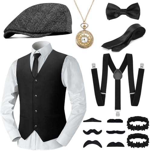 WEARXI 20er Jahre Herren Accessoires, Mafia Karneval Kostüm Herren, Peaky Blinders Kostüm, 20er Jahre Accessoires, Fasching Kostüme Herren Hosenträger Herren Kostüm Set Deko (Schwarz-2, L) von WEARXI