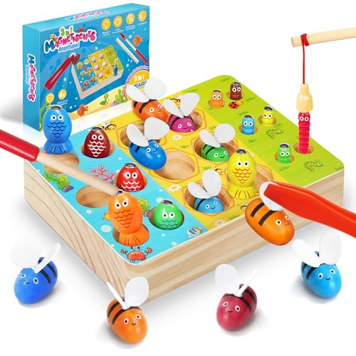 WEARXI Montessori Spielzeug ab 2 Jahre, 3 in 1 Holz Motorikspielzeug Magnetische Angelspiel, Spiele ab 2 Jahre, Kinderspielzeug ab 2 Jahr, Geschenke zur Einschulung, Mädchen Junge Geschenke für Kinder von WEARXI