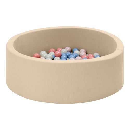 WEB2O Bällebad für Babys, Beige mit blauen und rosa Kugeln, Schaumstoff mit hoher Dichte, 90 x 30 cm, 100 Bälle inklusive, Motorikspiel, 2-6 Jahre von WEB2O