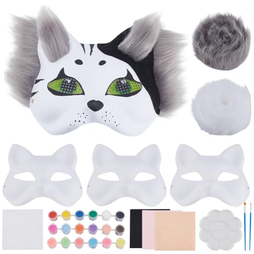 WEBEEDY 4 Setzt Leuchtende Therian Maske Zum Selbermalen DIY Ostern Katze Fuchs Weiß Gesichtsmasken Blanko Zum Bemalen Mit Filzstoff Faux Fu Meshes Für Maskerade Cosplay Party von WEBEEDY