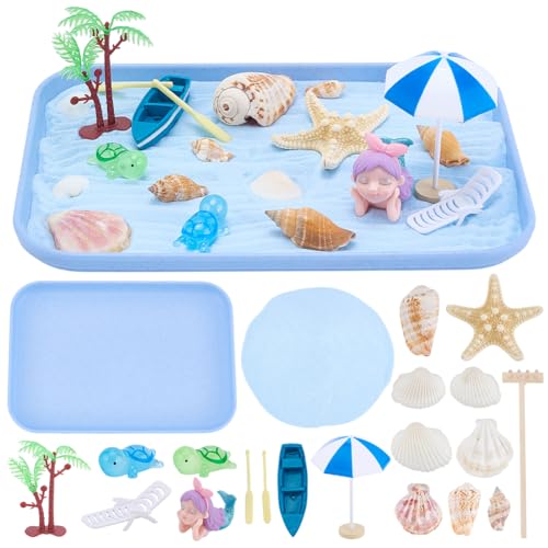 WEBEEDY Mini Strand Japanischer Zen Garten Zur Meditation Dekoration Mini Japanischer Sandbox Zen Garten Sandtablett Mit Muscheln Seestern Schnecken Und Meerjungfrau Dekorativen Ornamenten 24x17cm von WEBEEDY