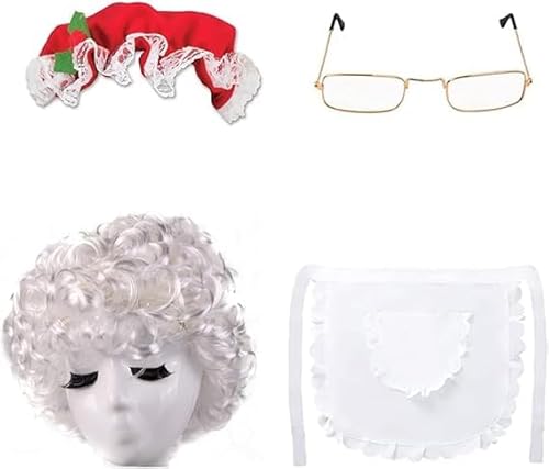 4 Teiliges Weihnachtsmann Kostüm Damen,Weihnachtsmütze Nikolausmütze,Mrs Claus Weißes Haar Perücke & Brille Cosplay Kostüm Zubehör,Brille mit Drahtgestell,weißen Satinschürze mit Spitzenbesatz 4 Teiliges Weihnachtsmann Kostüm Damen,Weihnachtsmütze Nikolausmütze,Mrs Claus Weißes Haar Perücke & Brille Cosplay Kostüm Zubehör,Brille mit Drahtgestell,weißen Satinschürze mit Spitzenbesatz von WEESTAAMO