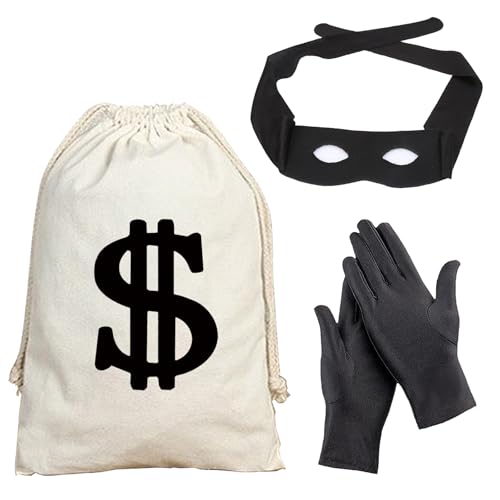 WEESTAAMO 3 Teiliges Räuber Kostüm Set mit Augenmaske Handschuhe Geldsack für Erwachsene, Bankräuber Einbrecher Piraten Dieb Kostüm Accessoire für Halloween Karneval Fasching Cosplay von WEESTAAMO