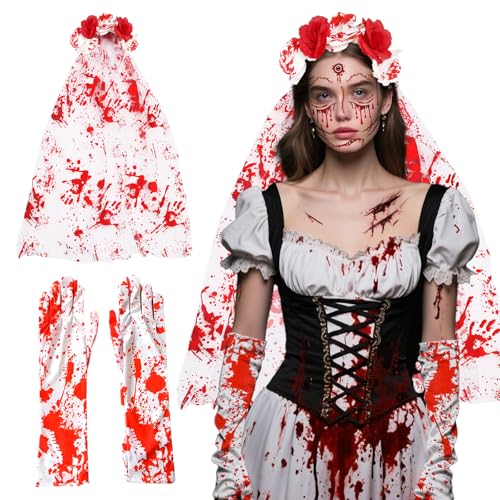 WEILAOK Halloween-Schleier-Stirnband + Halloween-Gesichtsaufkleber + Handschuhe, Brautschleier, Halloween, Zombie-Braut-Kostüm, Damen, geeignet für Karneval, Party, Outdoor-Aktivitäten, 3 Stück WEILAOK Halloween-Schleier-Stirnband + Halloween-Gesichtsaufkleber + Handschuhe, Brautschleier, Halloween, Zombie-Braut-Kostüm, Damen, geeignet für Karneval, Party, Outdoor-Aktivitäten, 3 Stück von WEILAOK