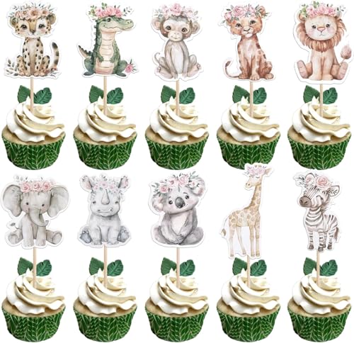40 Stück Jungle Safari Animal Cake Toppers, Kuchendeko Tiere, Dschungel Tortendeko Tiere, Tortendeko Waldtiere Kuchen Deko, Cupcake Topper Dschungel für Kinder Geburtstag Baby Shower Dschungel Party von WEINIBAO