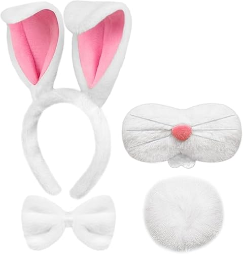 Hasenohren Haarreif Set, Hasenkostüm Zubehör mit Hasenohren Stirnband Hasennase Hasen Fliege Hasenschwanz, Haarreifen Hase für Kinder Erwachsene, Kaninchenohren Haarreif für Ostern Cosplay Party von WEINIBAO