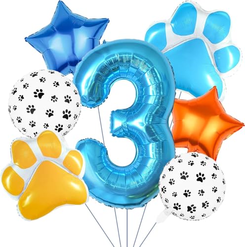 Luftballons Geburtstag 3 Jahre, 7 Pcs Geburtstag Ballons mit Ballons Nummer 3 Hundepfote Ballon Stern, Geburtstagsdeko Luftballons 3 Jahre, Folienballons für Mädchen Jungen Geburtstag Party Dekoration von WEINIBAO
