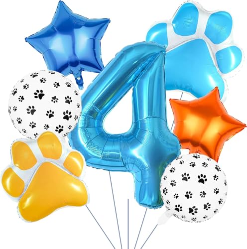 Luftballons Geburtstag 4 Jahre, 7 Pcs Geburtstag Ballons mit Ballons Nummer 4 Hundepfote Ballon Stern, Geburtstagsdeko Luftballons 4 Jahre, Folienballons für Mädchen Jungen Geburtstag Party Dekoration von WEINIBAO