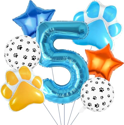 Luftballons Geburtstag 5 Jahre, 7 Pcs Geburtstag Ballons mit Ballons Nummer 5 Hundepfote Ballon Stern, Geburtstagsdeko Luftballons 5 Jahre, Folienballons für Mädchen Jungen Geburtstag Party Dekoration von WEINIBAO